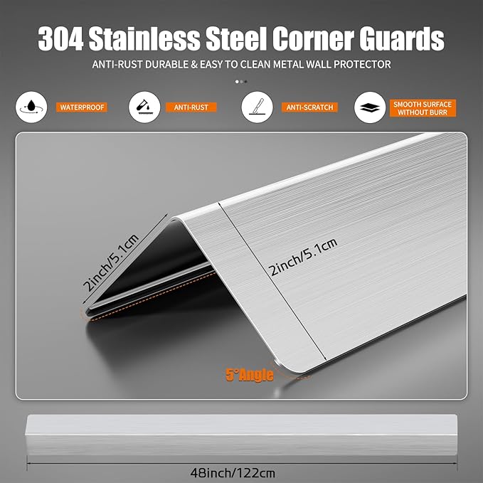 2x2x48 Inch 304 Stainless Steel Wall Corner Guards (5-Pack) Heavy Duty Rounded Corner Protector, Smooth Folded Edge Design for Wall Protection Stainless Steel Slab