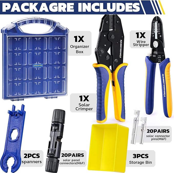 haisstronica 25PCS Solar Crimping Tool Kit, 20 Pairs MC4 Connectors AWG14-10(2.5/4/6mm²) with Stripper and Spanners for Solar Panel PV Cable Installation