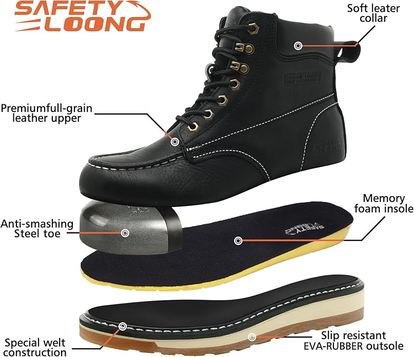 Moc Toe Work Boots for Men Waterproof Soft/Steel Toe Comfortable Full Grain Leather Non Slip Wedge Outsole Construction 6" Workboots