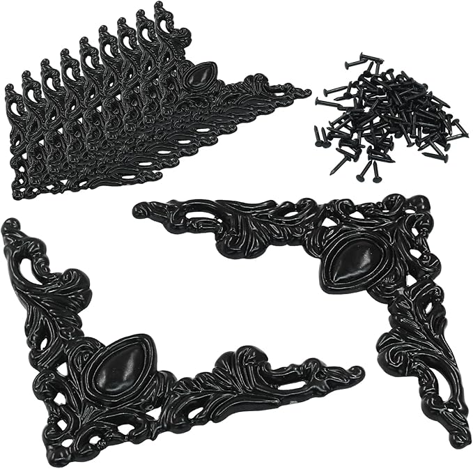32Pcs Vintage Metal Corner Protector, Antique Edge Decorative Protectors Scrapbooking Albums, Decorative Corner for Photo Frame/Jewelry Box (Black)