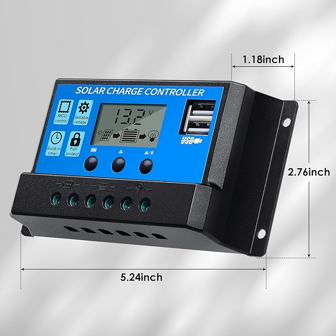 FLYING LION 30A12V/24V Solar Charge Controller PWM Solar Panel Regulator with Adjustable LCD Display Dual USB Port Timer Setting PWM Auto Parameter