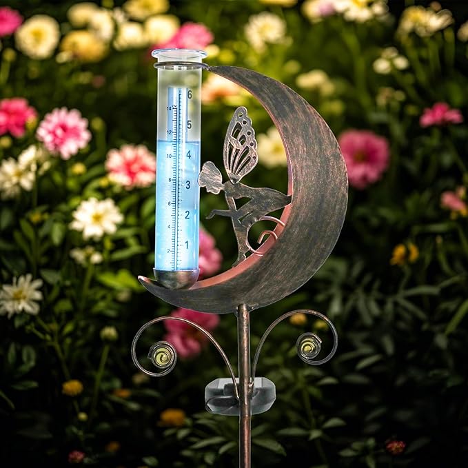 WONDER GARDEN Solar Rain Gauge Outdoor, Decorative Moon Fairy Rain Gauges Outdoors Best Rated, Freeze Proof Water Rain Measure Gauge for Yard Patio Lawn Garden Decor