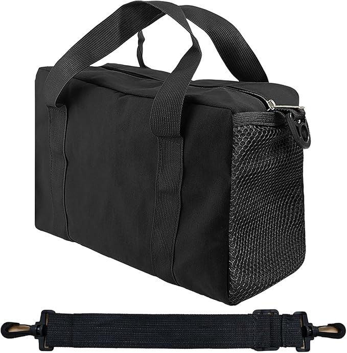 Small Tool Bag,Close Top Wide Mouth Tool Organizer Bag,Large Capacity Tool Bags for Men,Canvas Tool Storage Bag for Storage Handbag for Screwdrivers,Wrench (Shoulder strap+Black, 18 Inch)