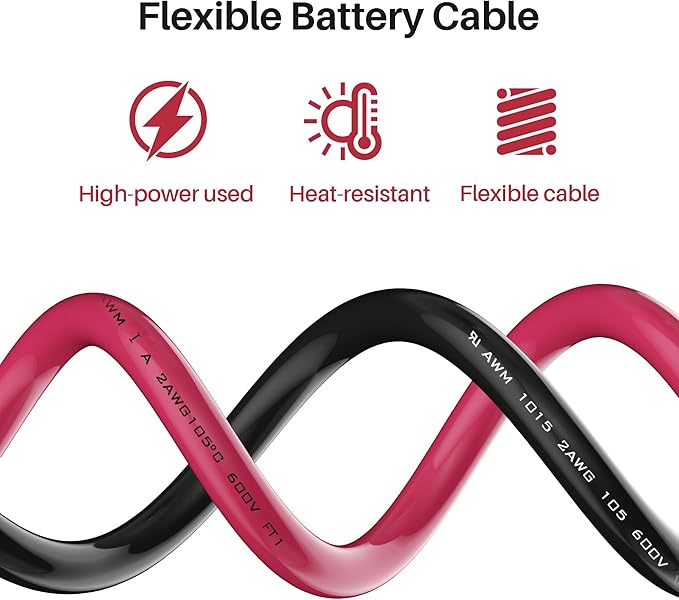 2AWG Battery Cable with 3/8" Terminals, 2 Gauge Pure Copper Inverter & Welding Wire with 3/8 inch Lug Both Ends, UL, Power Inverter Wire Set for Automotive, Solar, Marine, RV (Red + Black, Each 3FT)