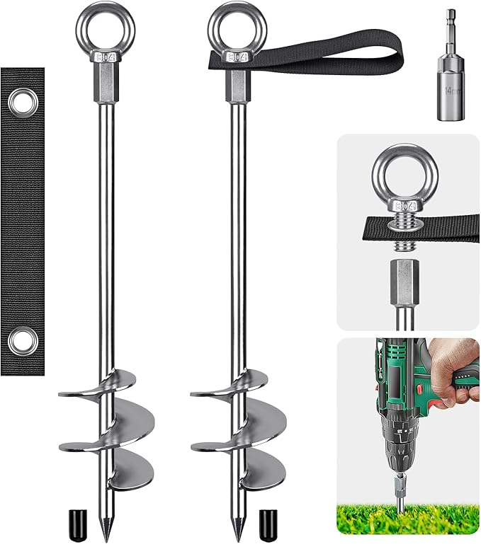 Fully Welded Ground Trampoline Anchors, 18'' Spiral Mobile Home Anchors, 2pcs Earth Anchor Heavy Duty Shed Anchor Kit with Straps for Securing Swing Sets, Animals, Trees, Tents, Shed, Carport