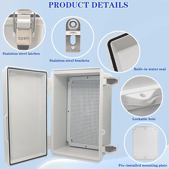Waterproof Outdoor Electrical Box Junction Box Weatherproof IP67 ABS Plastic Enclosure Switch Router Project Box with Mounting Plate with Wall Bracket 2 Cable Glands Grey 11.1" x 7.48" x 5.5"