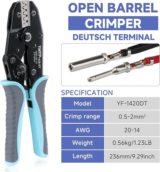 Deutsch Crimp Tool Open Barrel Size 16,20 Crimper (YF-1420DT WG) for 20-14AWG Deutsch DT DTM Connector Kit Stamped Formed Contacts