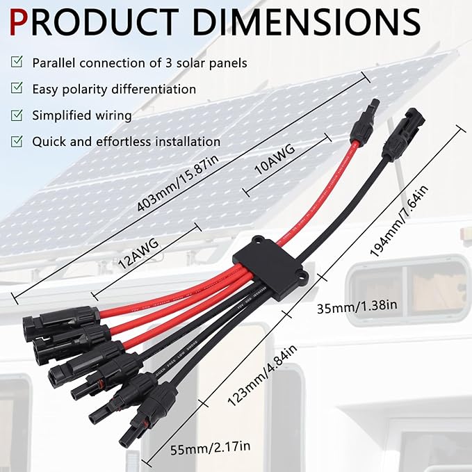 Solar Parallel Connectors for 3 Solar Panels, Tool-Free MC4 Solar Cable Splitter, Y Branch Solar Panel Splitter, 2 to 6 Solar Parallel Adapter IP68 Waterproof (FMMM/MFFF)