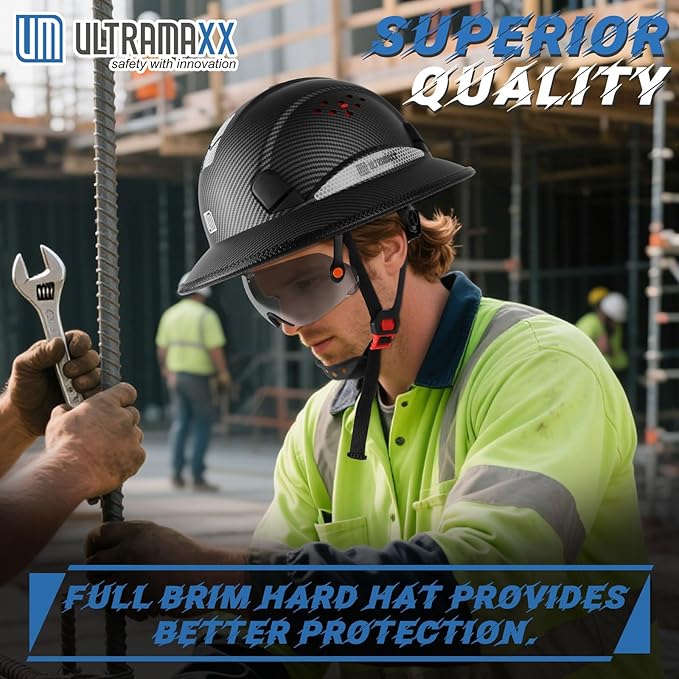 Full Brim Hard Hat with Built-in Visor, ANSI Z89.1 OSHA Approved Construction Safety Helmet with Chin Strap for Men Women