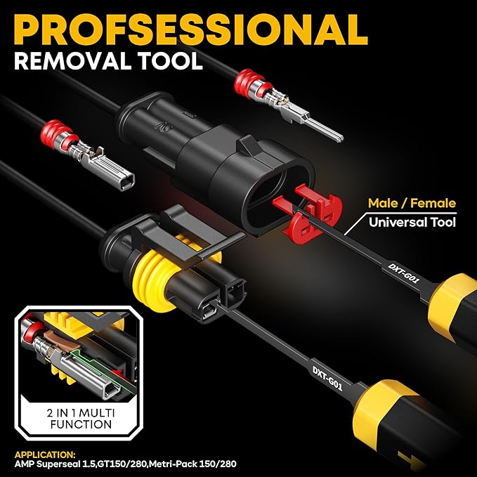 Automotive Electrical Connectors & Crimping Tool Kit, 1-6 Pin 1.5 Series Waterproof Wire Plugs 24-14 AWG with Ratcheting Crimper, Dust Caps, Wire Stripper & Removal Tool for Auto Marine Wiring