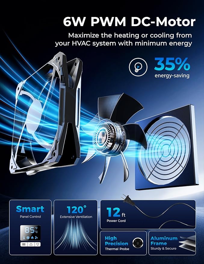 Register Booster Fan, Fits 4” x 10” with Remote Control, Smart Vent Fan Booster with Adjustable 10-Speed Control, Quiet Heating Cooling with Thermostat Control