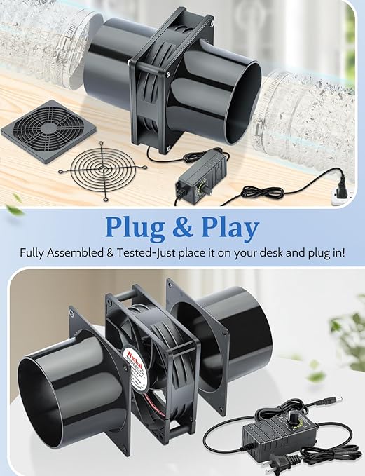 Wathai 120mm x 38mm 4 Inch Small Exhaust Fan 12V Duct Fan with Speed Control, Fume Extractor for Paint Booth, Soldering, Laser Engraving, Greenhouse Ventilation