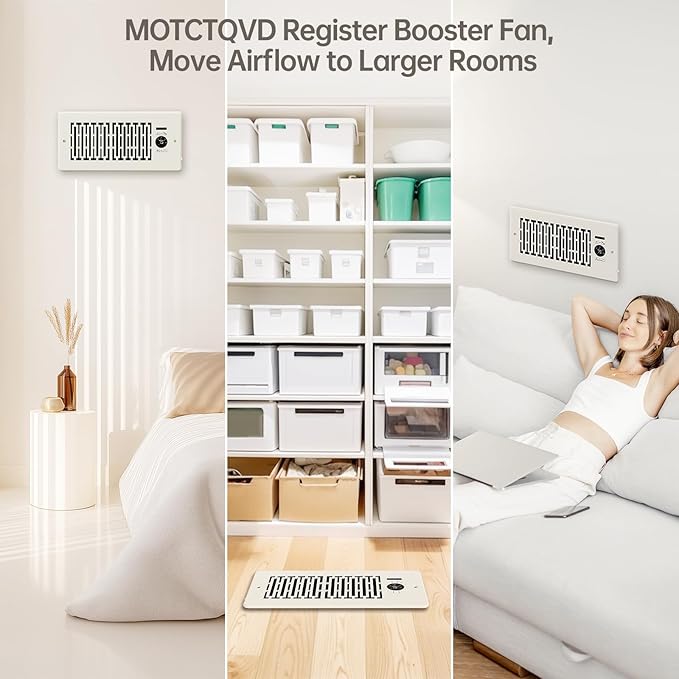Register Booster Fan Fits 4” x 10” Register Holes, 10-Speed Control Heating Cooling AC Vent Fan, Smart Booster Fans with Intelligent Thermostat and Remote Control, Rice White