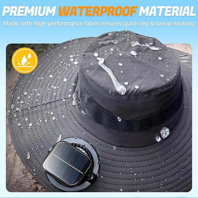 Solar Fan Hat for Men Women, Wide Brim UPF50+ Sun Hat with 2 Removable Fan 3-Speed Wind Solar&USB Charging