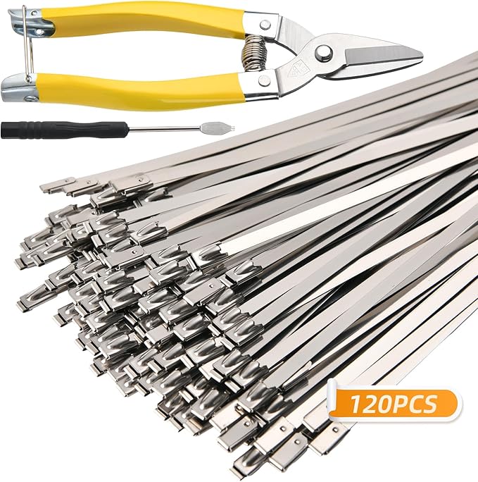Stainless Steel Zip Ties Heavy Duty (120 PCS) with Metal Cutter, 11.8 Inch Self-Locking Cable Ties for Chain Link Fence, Outdoor, Electrical & Home Use