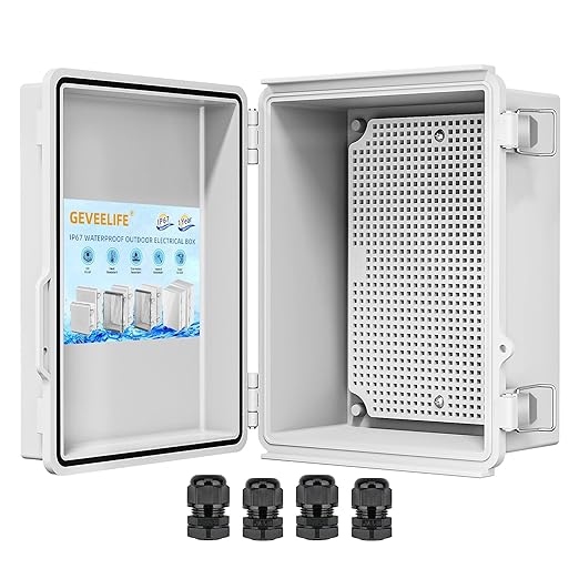 GEVEELIFE Waterproof Junction Box ABS Plastic, Outdoor Electrical Box IP67 Hinged Cover Project Box with Mounting Plate Wall Brackets and 2 Cable Glands, Grey Electrical Enclosure 8.7"x6.7"x4.3"