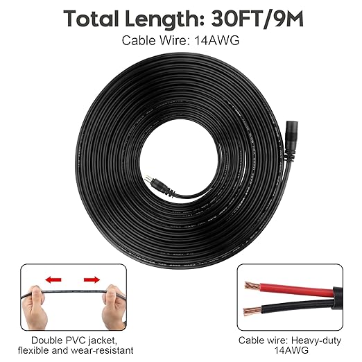 DC 8mm Extension Cable, 30Ft 14AWG 8mm Male and Female Plug Extension Cable Perfectly Compatible with GZ Yeti Jackery Solar Generator Portable Power Station and Solar Panel