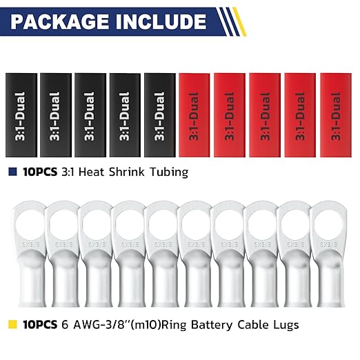 haisstronica 10pcs 6 AWG - 3/8" (M10) Tinned Copper Battery Lugs, Heavy Duty Copper Wire Lugs with 10pcs 3:1 Adhesive Heat Shrink Tubing, 6 Gauge Wire Lugs, Tinned Copper Battery Cable Ends