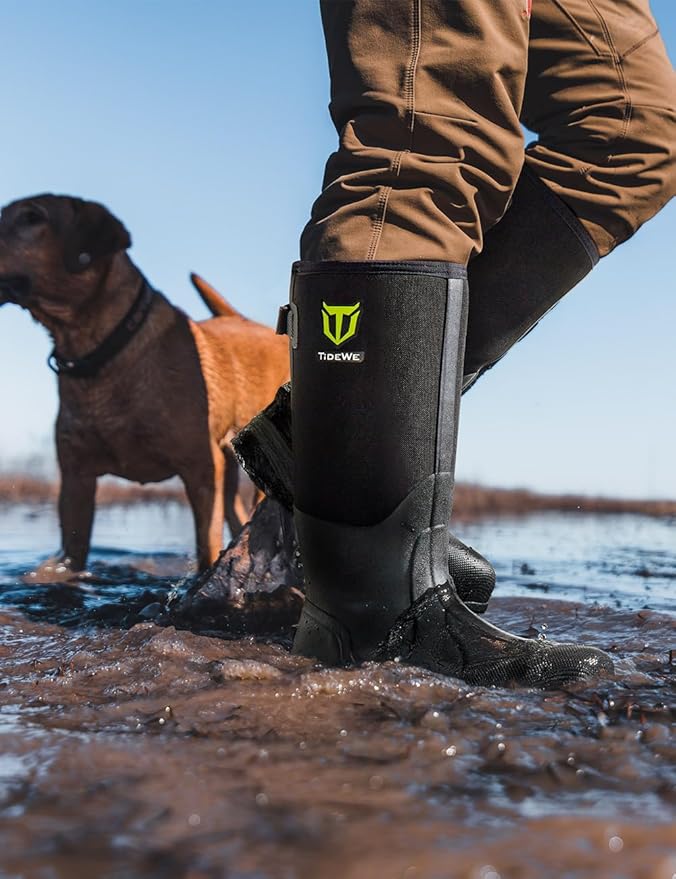 TIDEWE Work Boots Puncture-Proof with Steel Toe & Shank, Waterproof Anti Slip Rubber Boots for men, 6mm Neoprene Outdoor Boots, Durable Hunting Boots for Manufacturing, Construction, Farming(Black,Size 7-13)