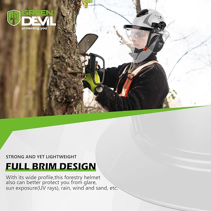 GREEN DEVIL Industrial Chainsaw Helmet with Face Shield Built in Visor and Ear Muffs 4 in 1 System ANSI Z89.1 Safety Hard Hat Adjustable Headgear Ideal for Forestry and Arborist Work Full Brim Style
