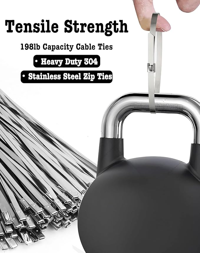 50Pcs Metal Zip Ties 11.8 inch 304 Stainless Steel Zip Ties, Heavy Duty Multi-Purpose Self-locking Metal Cable Ties for Machinery, Vehicles, Exhaust Wrap, Farms, Pipes, Roofs, Cables & Outdoor Fence