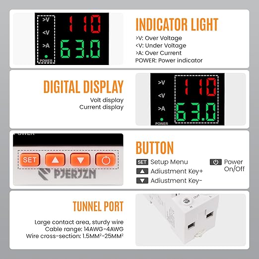 Adjustable Voltage Protector 110/230VAC 2P 63A Adjustable Smart Breaker Voltage Protector Current Limit Quick Disconnect Overvoltage Undervoltage Time-delay Protection Automatic Reset