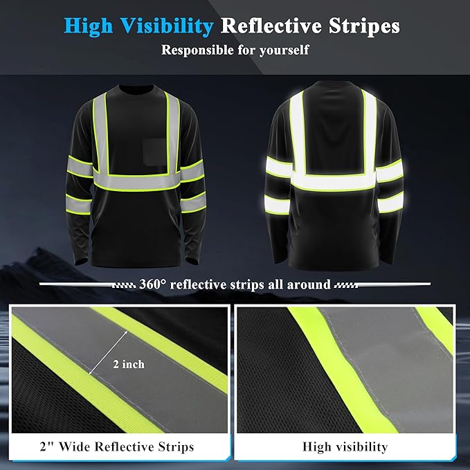 W&H Hi Vis Safety Long Sleeve Shirts Reflective High Visibility Birdeyes Class 3 Shirts,Construction Work