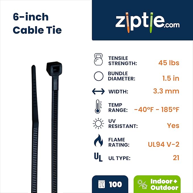 ZipTie.com 6-inch UV Resistant Black Multi-Purpose Cable Tie, 45-lb Tensile Strength, UL 21 Listed, 100-Pack