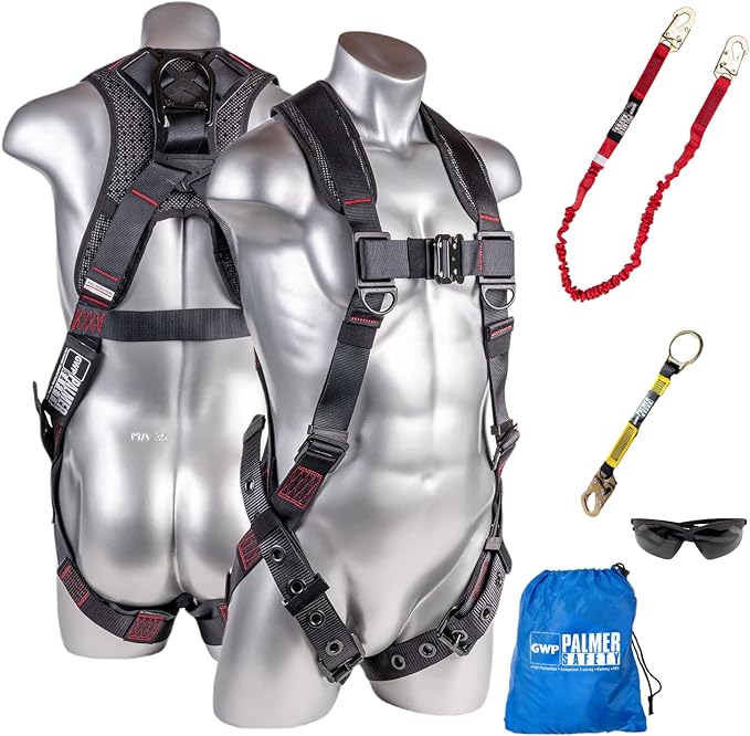 Palmer Safety Fall Protection Safety Harness Kit I Construction Harness + Various Lanyard + D-Ring Extender