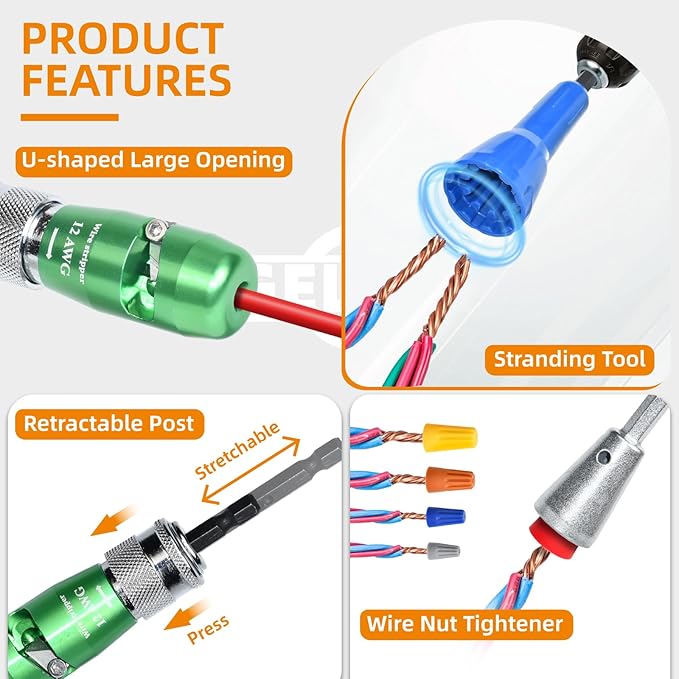 ANGELSWORD Wire Stripper & Wire Twister Tool for Drill, Wire Stripping Tool & Wire Twisting Connector Set 6/8/10/12/14 AWG, 5 PCS Professional Electrician Tools Set