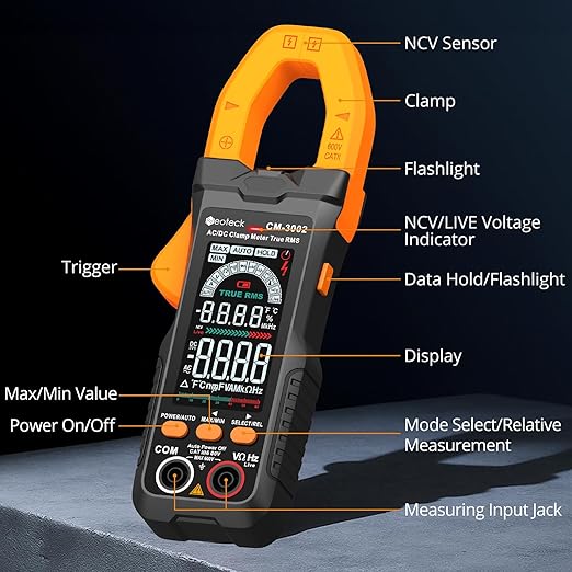 Neoteck Clamp Meter 6000 Counts Clamp Multimeter 800A AC/DC Current Auto Selection Color Screen TRMS Voltage,Capacitance,Continuity,Resistance,NCV,Diode,Frequency for Home,Auto,Industrial,HVAC