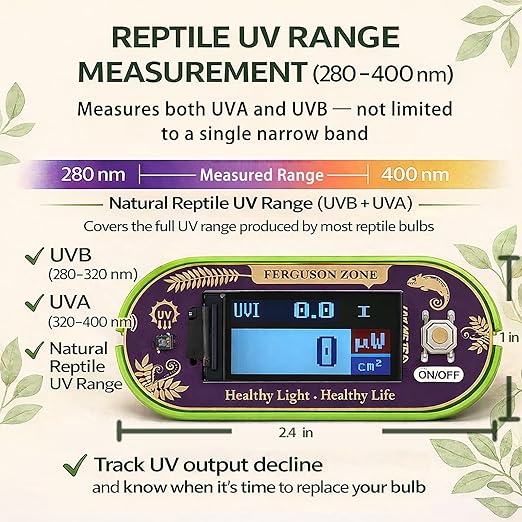 Reptile UVI Light Meter – Portable UV Index Reader for Basking Spot Monitoring – Helps Reptile Owners Know When to Replace UV Lamps – for Bearded Dragon, Chameleon & Gecko – Battery Included