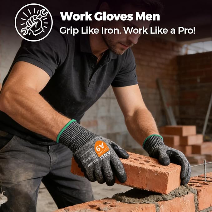 Donfri A9 Cut Resistant Work Gloves for Men, Safety Gloves for Men Touchscreen with Reinforced Thumb for Metal Glass Wood