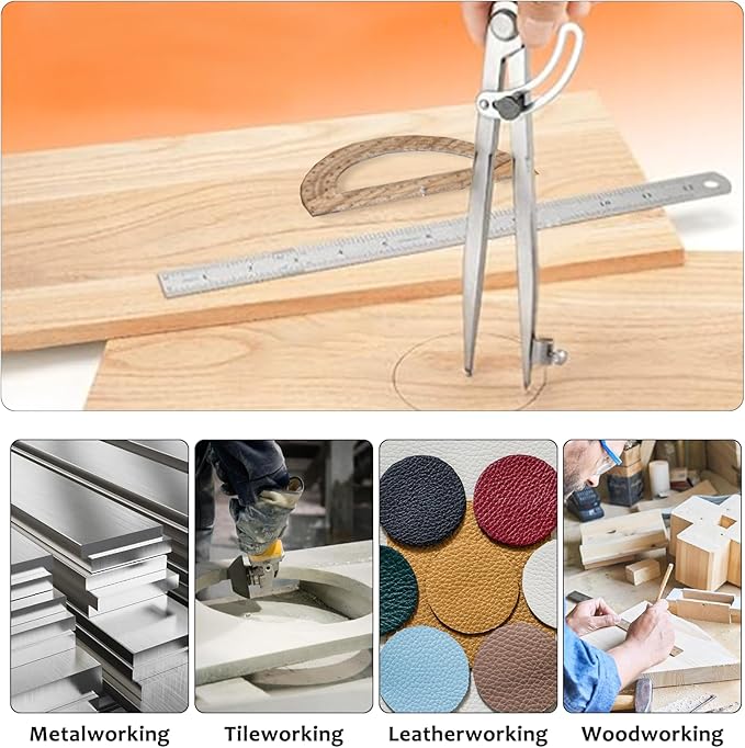 Compass Geometry Tool, Drawing Compass, Professional 12 Inch Large Compass with Wing for Woodworking, 6 Inch Protractor, 12 Inch Ruler for Carpenter, Drafting
