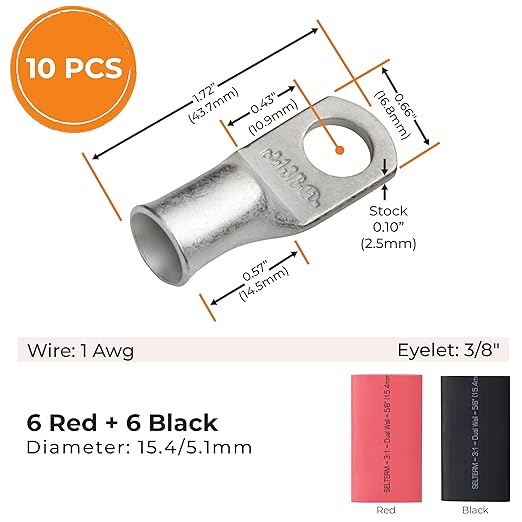 SELTERM 10pcs - 1 Awg - 3/8" Stud - Battery Lugs - Ring Terminal Connectors | with 12pcs 3:1 Black & Red Heat Shrink Tubing with Adhesive | Heavy Duty Battery Cable Ends - Tinned Copper Wire Lugs Kit