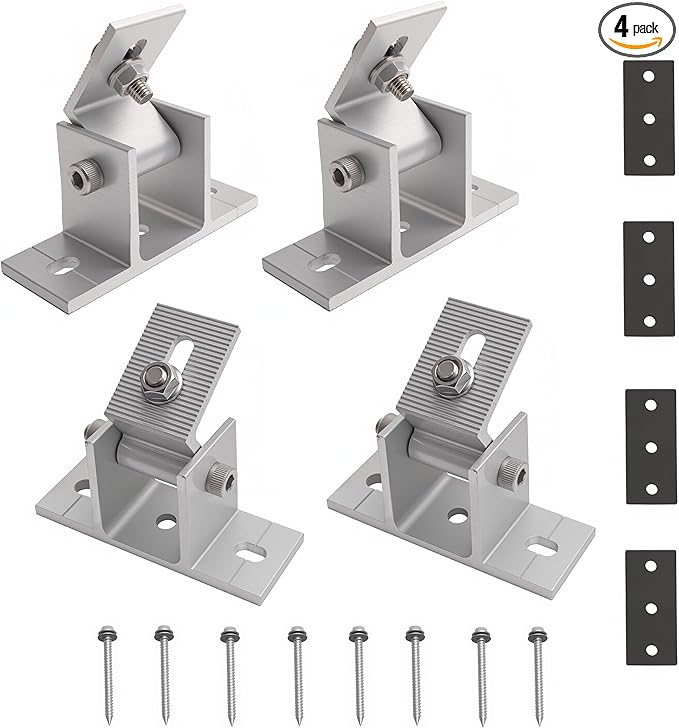 4 Pack Adjustable Solar Panel Tilt Mount Bracket Base, Tilt Angle 10°-60° Flat Roof Mount Holder, RV Solar Panel Mounts Clamp Roof Stand