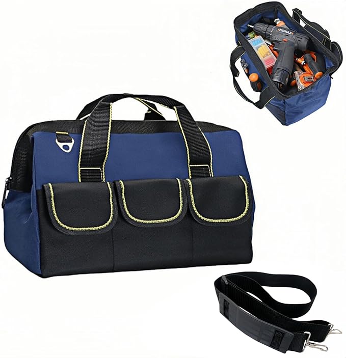 13 Inch Heavy Duty Tool Bag for Men, Waterproof Hard Bottom, Wide Mouth with Zipper Tool Bag, Multi Pocket Organizer for Electricians, Carpenters, Mechanics (Blue)