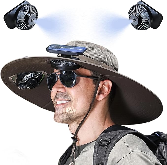 Solar Fan Hat with Mist, Mens Wide Brim Solar Power Fans Hat with Built in Fan, USB Solar Charging for Outdoor Fishing