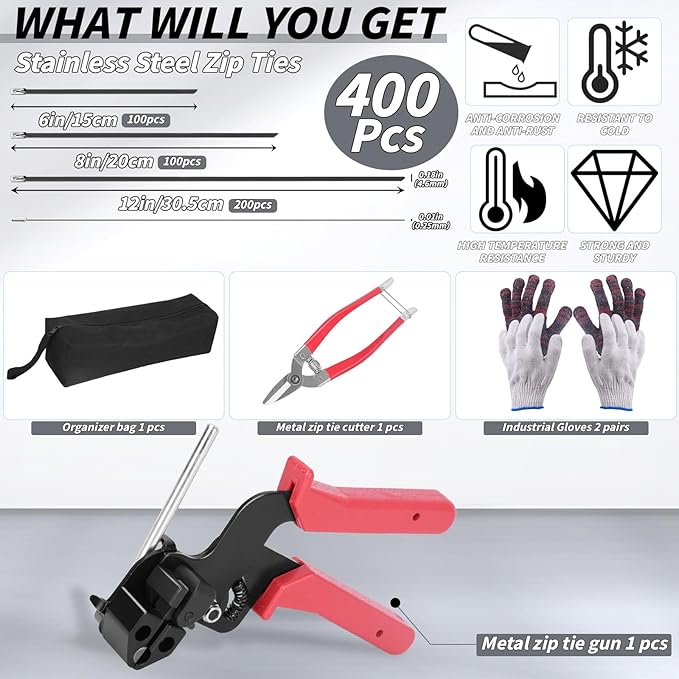 400PCS Metal Zip Ties Gun Kit, 6/8/12 Inch Heavy Duty Metal Zip Ties, Multi-Purpose Self-Locking Cable Tie Tool Set for Vehicles Farms Plants Fences Pipe Bundling, Scissors