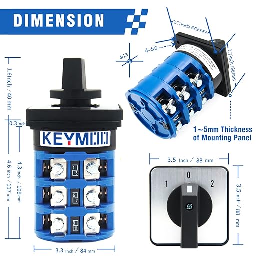 KEYMOO 125A Rotary Changeover Switch, 660V 3 Position 3 Phase 12 Terminals,2- Way 3NO 3NC Universal Selector Switch 125/D303.3