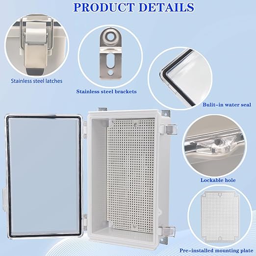 Waterproof Electrical Box, IP67 Junction Box Stainless Steel Latch Hinged Clear Cover Project Enclosure with Wall Bracket 10.2" x 6.3" x 3.9"