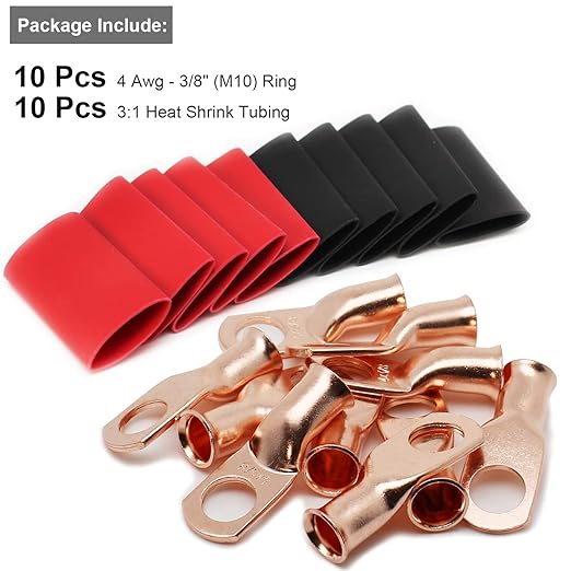 10pcs 4 Awg - 3/8" (M10) TKDMR Wire Lugs Ring Terminal Connectors Ends, UL Listed Heavy Duty for Battery Cable Lug Wire Electrical Eyelets with 3:1 Dual Wall Adhesive Heat Shrink