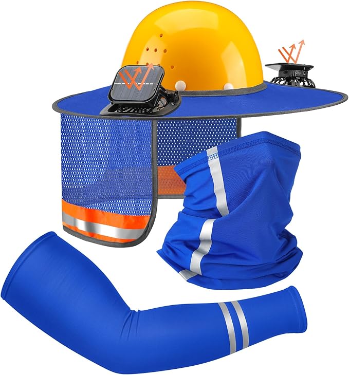 1 Set Sun Hard Hat Shade Full Brim Hard Hat Sun Visor with Solar Fans and Neck Sunshade Cover UV Reflective Strap Arm Sleeves Summer Protection Accessories