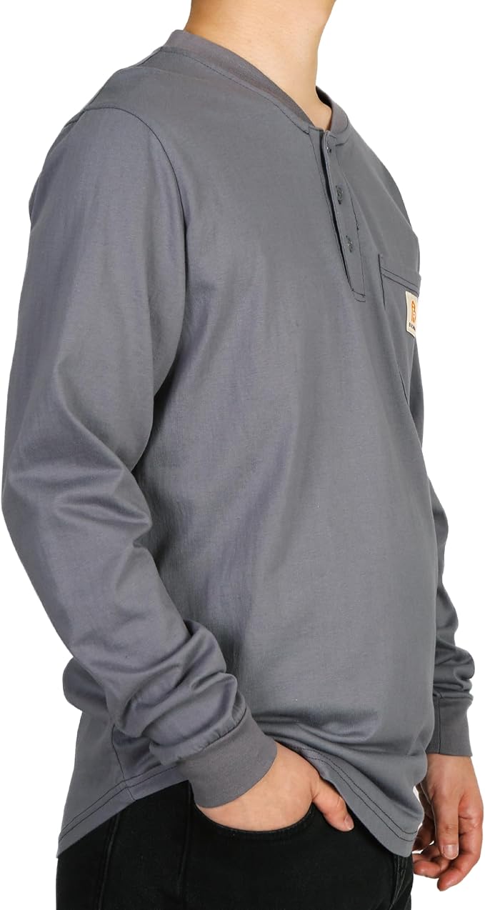 BOCOMAL FR Shirts 6oz Lightweight Flame Resistant Long Sleeve Henley Shirt Fire Retardant Workwear NFPA2112 CAT2