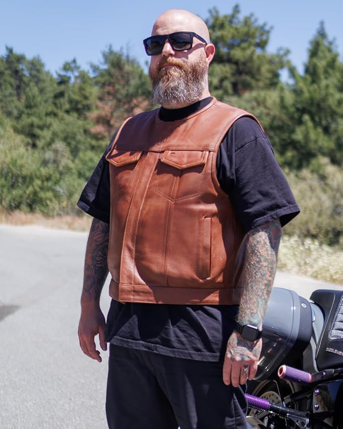 First Mfg Co - Lowside - Mens Motorcycle Biker Riding Canvas, Leather, Twill, Perforated Leather Vest
