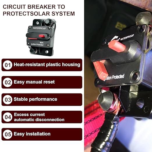 Circuit Breaker DC 12V-48V Fuse Manual Reset for Boat Trolling Motor Marine ATV Trailer Vehicles Stereo Audio Electronic Battery Solar System Protection (60Amp)
