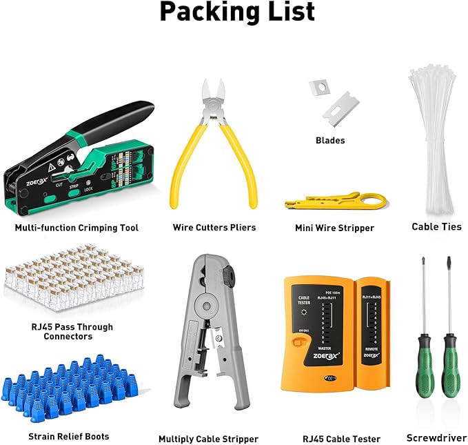 Ethernet crimping tool kit RJ45 crimp tool, Cat5 Cat6 Pass Through Crimping Tool for Network Cable Tester, Multiply Stripper, 50PCS Cat 6 Pass Through Connectors and Strain Relief Boots