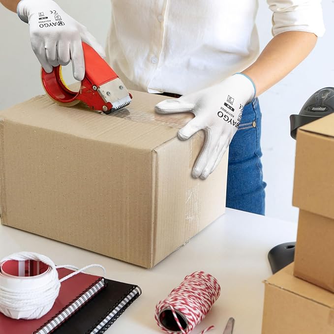 KAYGO Work Gloves for Men and Women, 60 Pairs Seamless Knit PU Coated Safety Gloves, with Smooth Grip on Palm and Fingers, Ideal for Light Warehouse, Manufacturing, Gardening, KG11P (M, White)