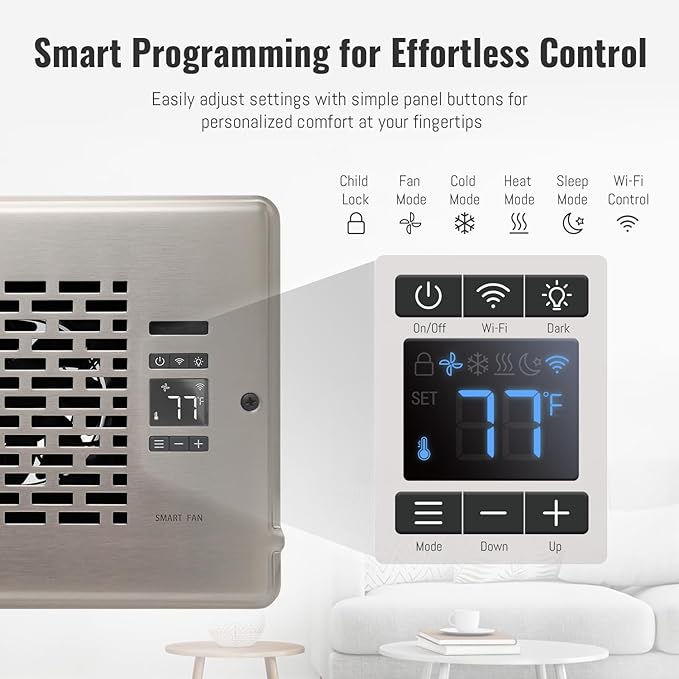 Register Booster Fan for 6" x 10" Register Holes, Quiet Vent Fan Booster with Intelligent Thermostat, Improves Heating Cooling, App Control, 10-Speeds, Manhattan Smart Register Vent, SN