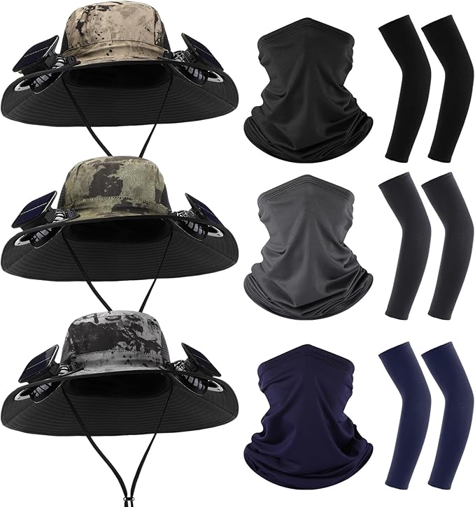 Syhood Solar Powered Fan Hat with Arm Sleeves Neck Gaiter for Men Women Outdoor Wide Brim Bucket Hat with Fan for Hiking